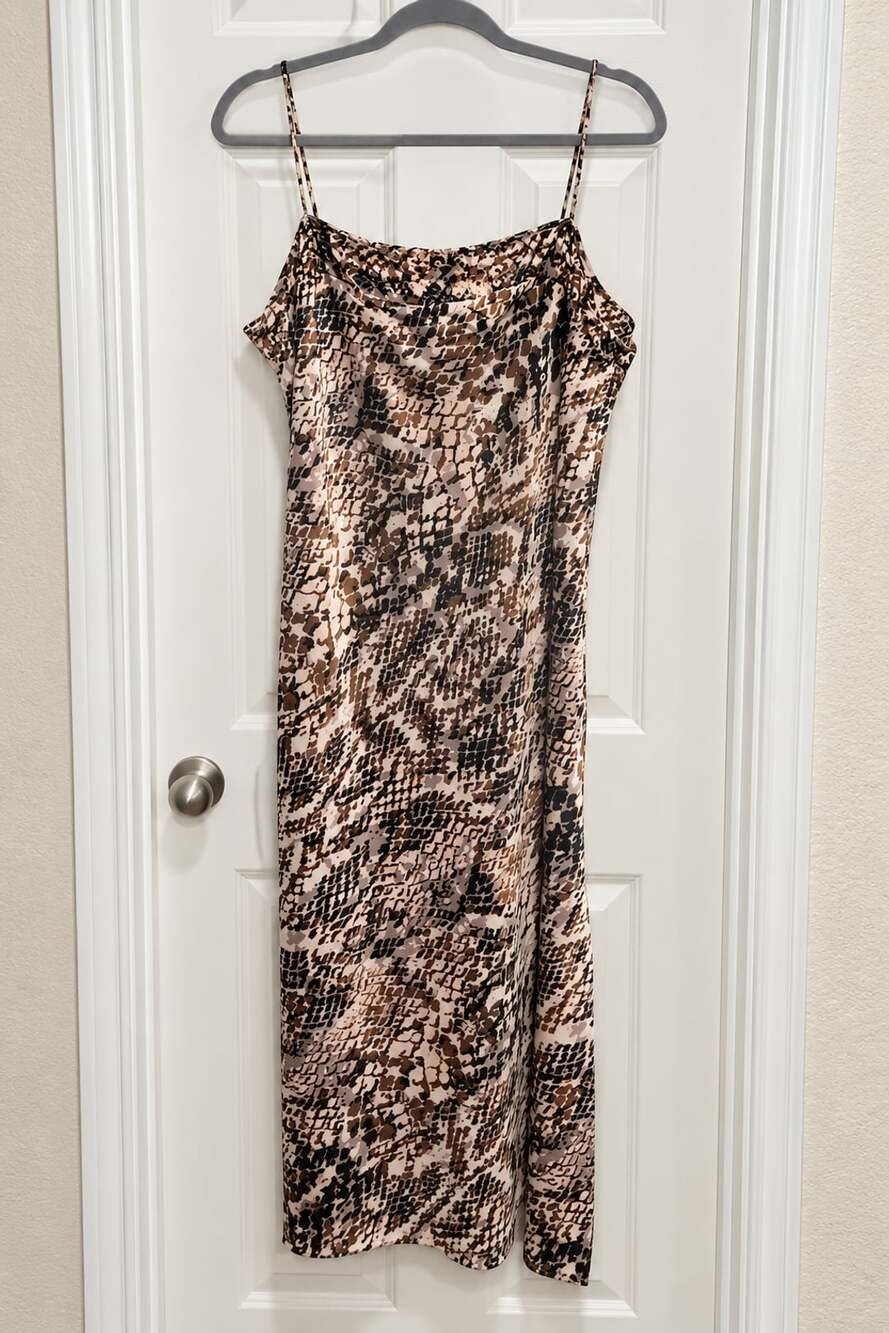 Anthropologie Womenโs XL Snakeskin Print Midi Slip Dress Cowl Neck